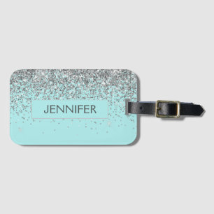 Monogram Aquamarin Blue Silver Glam Glitzer Name Gepäckanhänger