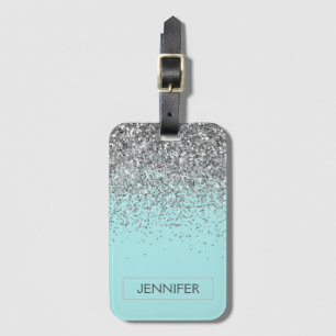 Monogram Aquamarin Blue Silver Glam Glitzer Name Gepäckanhänger