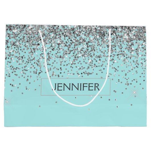 Monogram Aquamarin Blue Silver Glam Glitzer Name Große Geschenktüte (Rückseite)