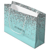 Monogram Aquamarin Blue Silver Glam Glitzer Name Große Geschenktüte (Vorderseite Schrägansicht)