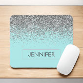 Monogram Aquamarin Blue Silver Glam Glitzer Name Mousepad