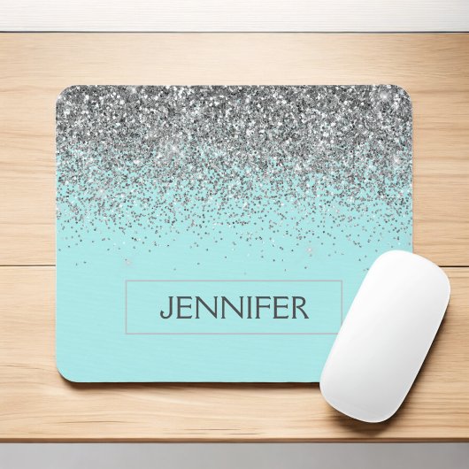 Monogram Aquamarin Blue Silver Glam Glitzer Name Mousepad