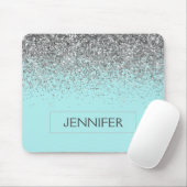 Monogram Aquamarin Blue Silver Glam Glitzer Name Mousepad (Mit Mouse)
