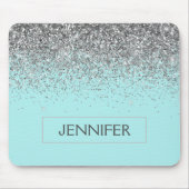 Monogram Aquamarin Blue Silver Glam Glitzer Name Mousepad (Vorne)