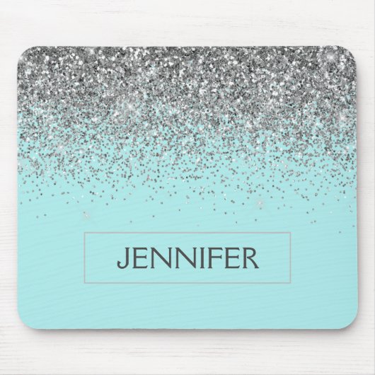 Monogram Aquamarin Blue Silver Glam Glitzer Name Mousepad (Vorne)
