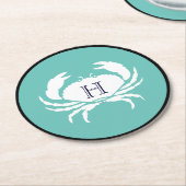 Monogram Aquamarin Blue White Navy Blue Crab Nauti Runder Pappuntersetzer (Angewinkelt)