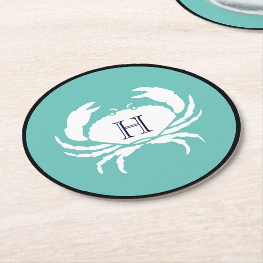 Monogram Aquamarin Blue White Navy Blue Crab Nauti Runder Pappuntersetzer (Angewinkelt)
