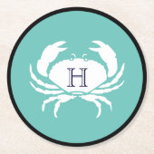 Monogram Aquamarin Blue White Navy Blue Crab Nauti Runder Pappuntersetzer (Vorderseite)