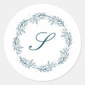 Monogram Aquamarin Blue Wreath Classic Script Wedd Runder Aufkleber (Vorderseite)