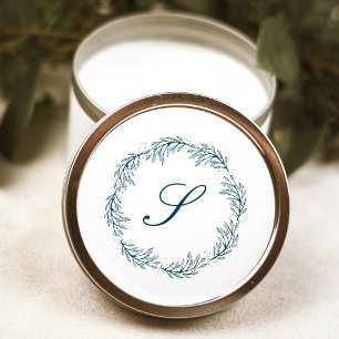 Monogram Aquamarin Blue Wreath Classic Script Wedd Runder Aufkleber