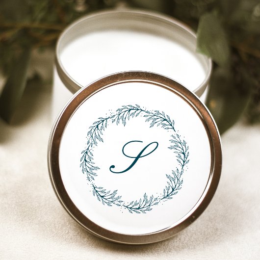 Monogram Aquamarin Blue Wreath Classic Script Wedd Runder Aufkleber