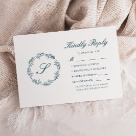 Monogram Aquamarin Blue Wreath Wedding RSVP Karte