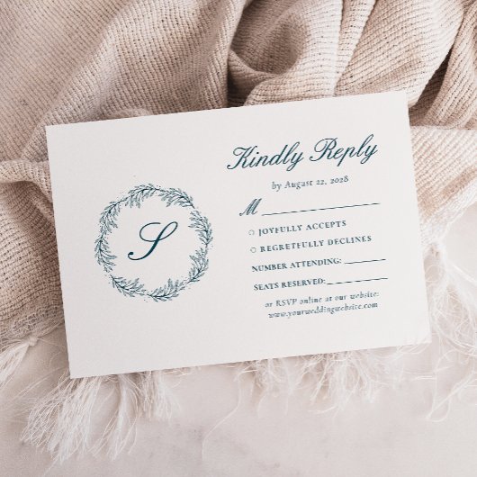 Monogram Aquamarin Blue Wreath Wedding RSVP Karte