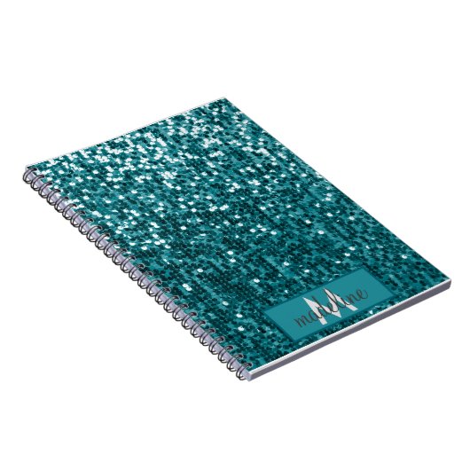 Monogram Aquamarin Glitzer Sequel Funkelnd Noteboo Notizblock (Rechte Seite)