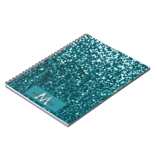 Monogram Aquamarin Glitzer Sequel Funkelnd Noteboo Notizblock (Linke Seite)