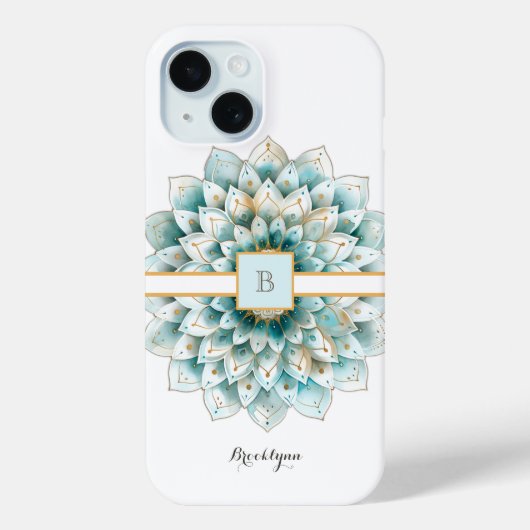 Monogram Aquamarin Gold Blume Mandala Case-Mate iPhone Hülle (Rückseite)