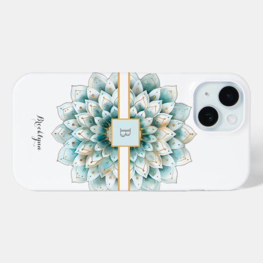 Monogram Aquamarin Gold Blume Mandala Case-Mate iPhone Hülle (Rückseite (Horizontal))