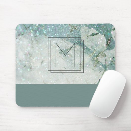 Monogram Aquamarin Green Marble Glitzer Monogram Mousepad (Mit Mouse)