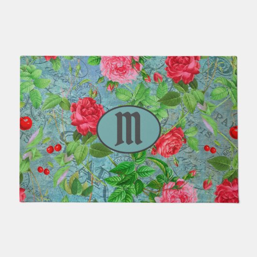 Monogram Aquamarin Paris Aquarellfarben Blume Door Fußmatte (Vorderseite)