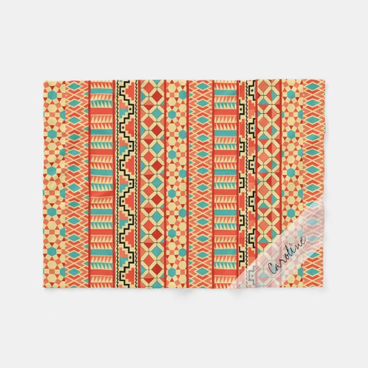Monogram Aquamarin Pink Abstrakt Tribal Print Patt Fleecedecke (Vorderseite (Horizontal))