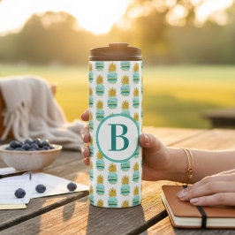 Monogram Aquamarin und Gold Glitzer Ananas Thermosbecher