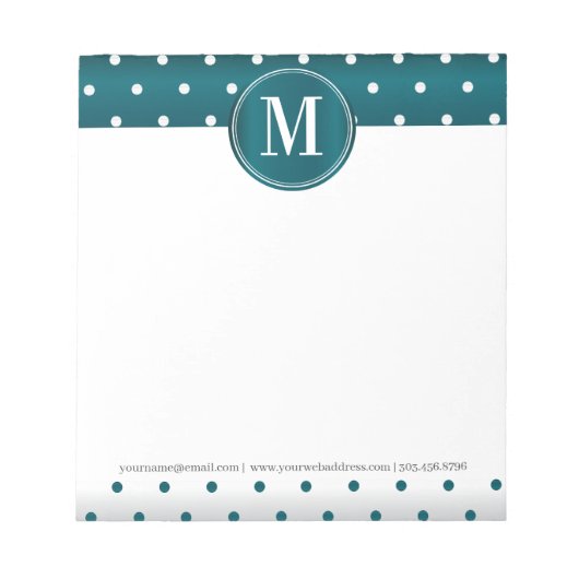 Monogram Aquamarin und White Polka Dots Notepad Notizblock (Vorderseite)
