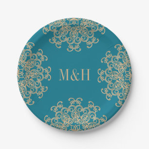 Monogram Aquamarine and Gold Indian Style Wedding Pappteller