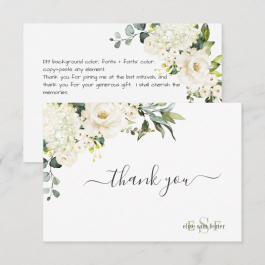 Monogram Aquarell Alabaster Rose Hydrangea Dankeskarte (Vorne/Hinten)