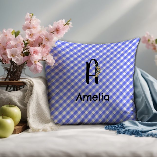 Monogram Aquarell Blumen Gingham Kissen (Von Creator hochgeladen)