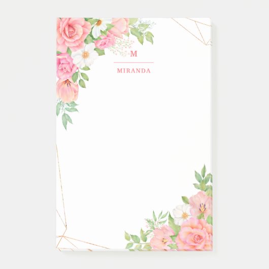 Monogram Aquarell Blumengrün Pink Geometric Post-it Klebezettel (Vorderseite)