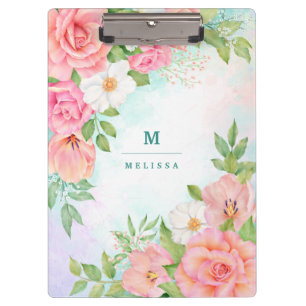 Monogram Aquarell Blumengrün Rosa Rose Klemmbrett