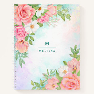 Monogram Aquarell Blumengrün Rosa Rose Notizblock