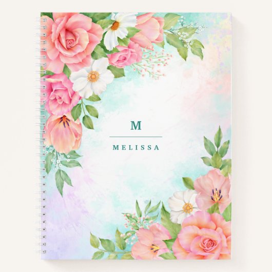 Monogram Aquarell Blumengrün Rosa Rose Notizblock (Vorderseite)