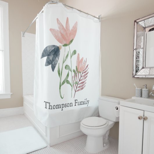 Monogram Aquarell floral Pink White Blue Duschvorhang (Beispiel)
