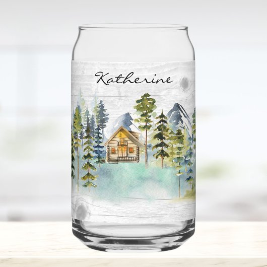 Monogram-Aquarell-Rustikale Wald-Berghütte Dosenglas