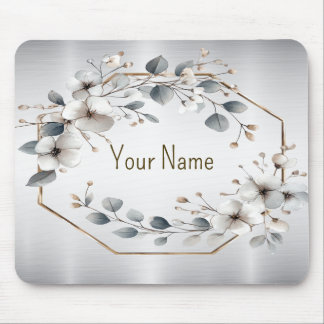 Monogram Aquarell Weiße Blume Goldenes Silber Mousepad