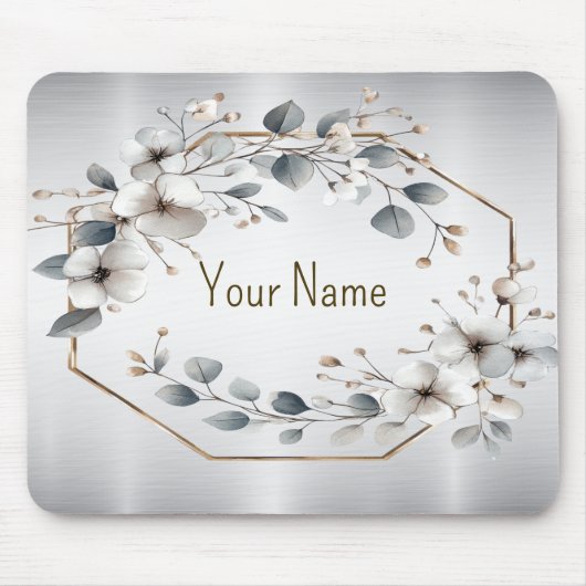 Monogram Aquarell Weiße Blume Goldenes Silber Mousepad (Vorne)