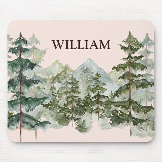 Monogram Aquarellkiefernwald & Mountain Rustikal Mousepad (Vorne)