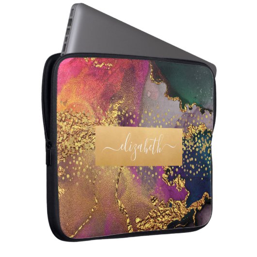 Monogram Aquarellmarmor Gold lila blau grün Laptopschutzhülle (Vorne Rechts)