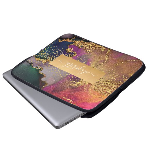Monogram Aquarellmarmor Gold lila blau grün Laptopschutzhülle (Vorne Knopf)