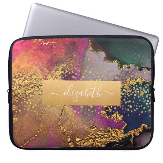 Monogram Aquarellmarmor Gold lila blau grün Laptopschutzhülle (Vorderseite)