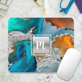 Monogram Aquarellmarmor silber türkis orange Mousepad