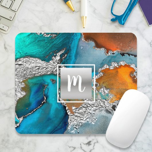 Monogram Aquarellmarmor silber türkis orange Mousepad