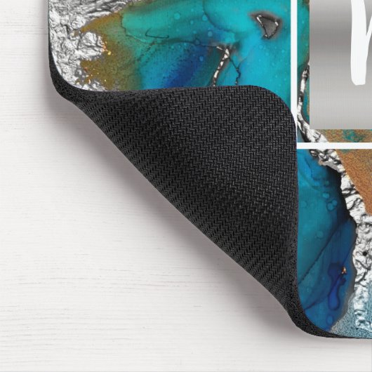 Monogram Aquarellmarmor silber türkis orange Mousepad (Ecke)