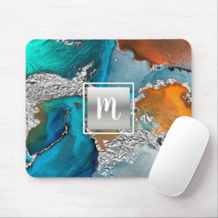 Monogram Aquarellmarmor silber türkis orange Mousepad