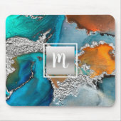 Monogram Aquarellmarmor silber türkis orange Mousepad (Vorne)