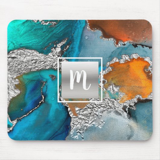 Monogram Aquarellmarmor silber türkis orange Mousepad (Vorne)