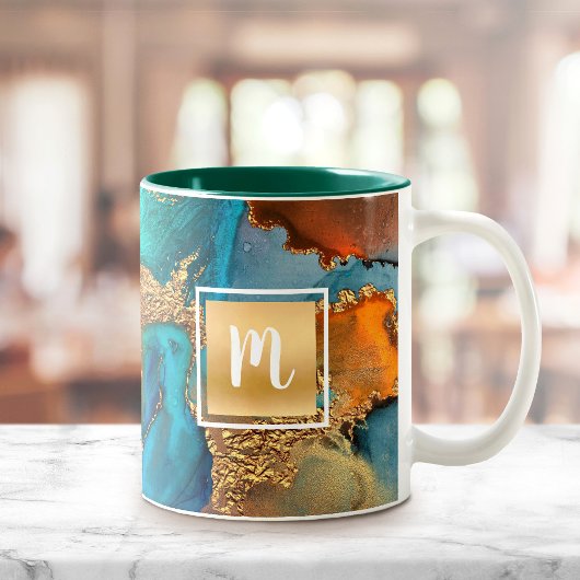 Monogram Aquarellmarmor, türkisfarben Zweifarbige Tasse