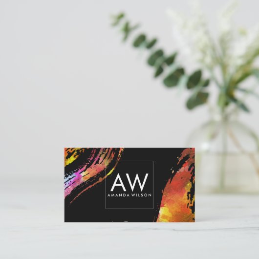 Monogram Aquarellpinsel Stroke Black Background Visitenkarte (Stehend Vorderseite)