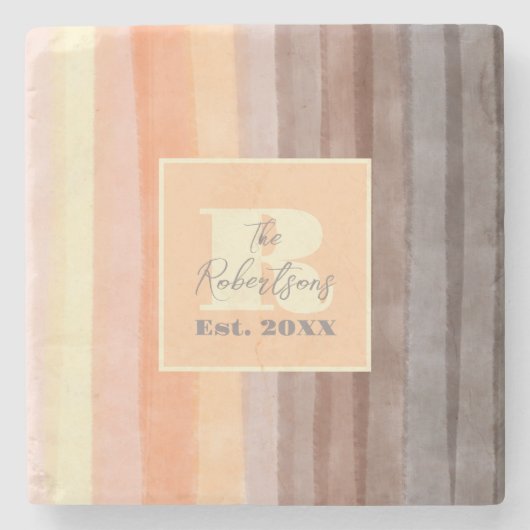 Monogram, Aquarellstreifen, braun orange gelb Steinuntersetzer (Vorderseite)